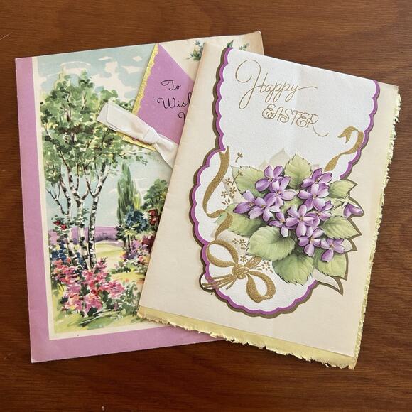 Duo Vintage Cards Feminine Purple Easter Well Wishes Ephemera Made In USA - Picture 1 of 7